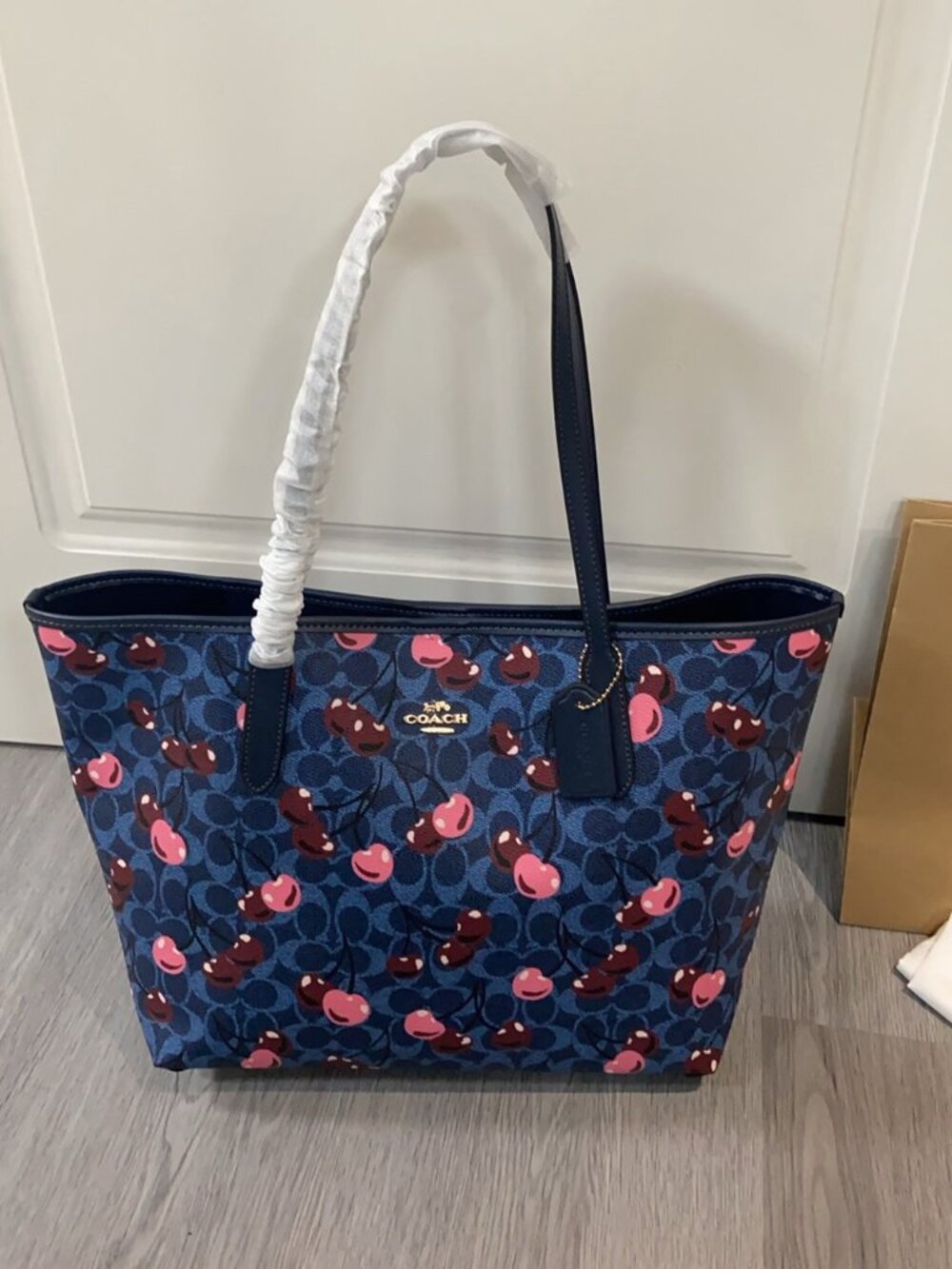 Coach Navy Signature Tote Bag Cherry Print